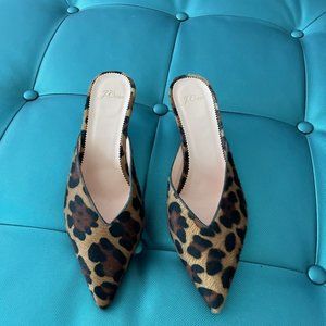 J.CREW CALF HAIR LEATHER ANIMAL PRINT KITTEN HEEL SLIDE